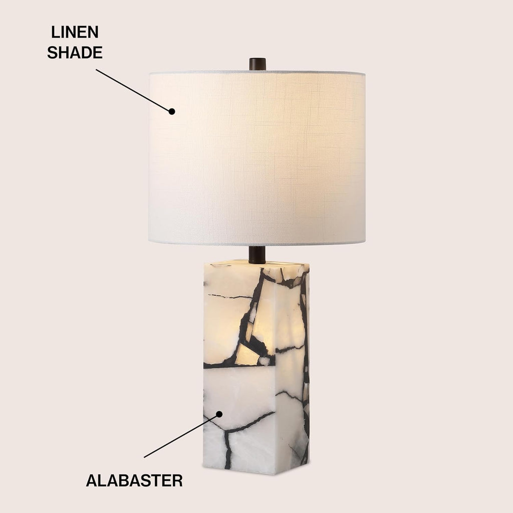 Jonathany JONATHAN Y 24.25" Black/White Modern Alabaster LED Table Lamp for Home Decor, White Linen Shade, Coastal Nightstand Lamp with Bui…