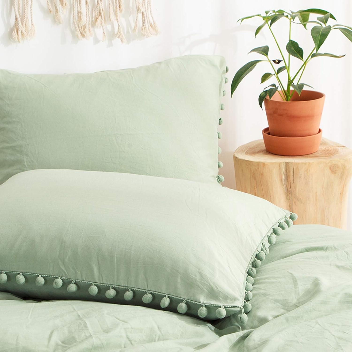Moveover Sage Green Pom Poms Pillowcases, Green Standard Pillow Cases Set of 2, 100% Washed Microfiber, Dark Sea Green Ball Fringe Pillow C…