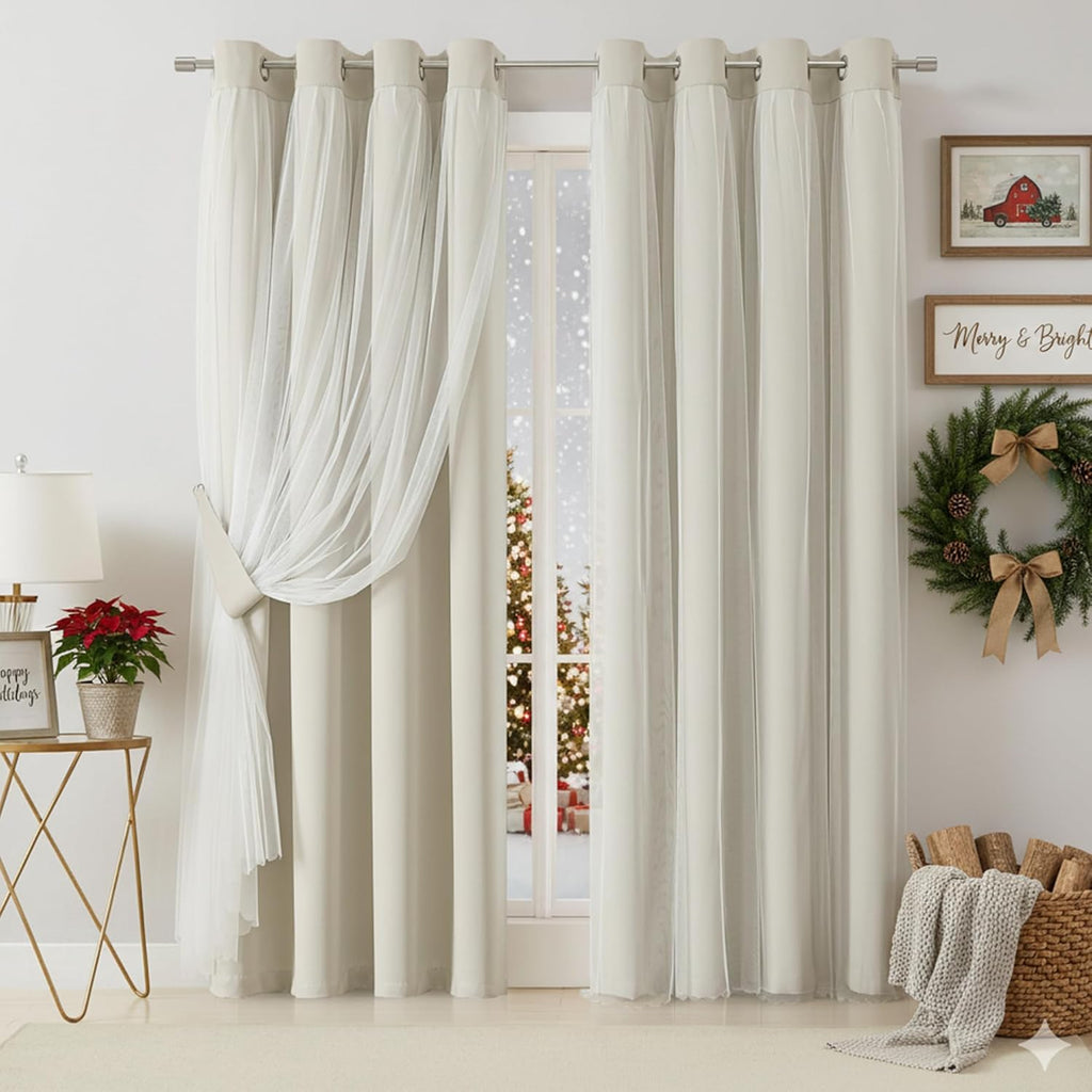 Bujasso Beige 80% Blackout Curtains with Sheer Overlay Mix and Match Double Layer Thermal Insulated Window Panels 84 inch for Living Room B…