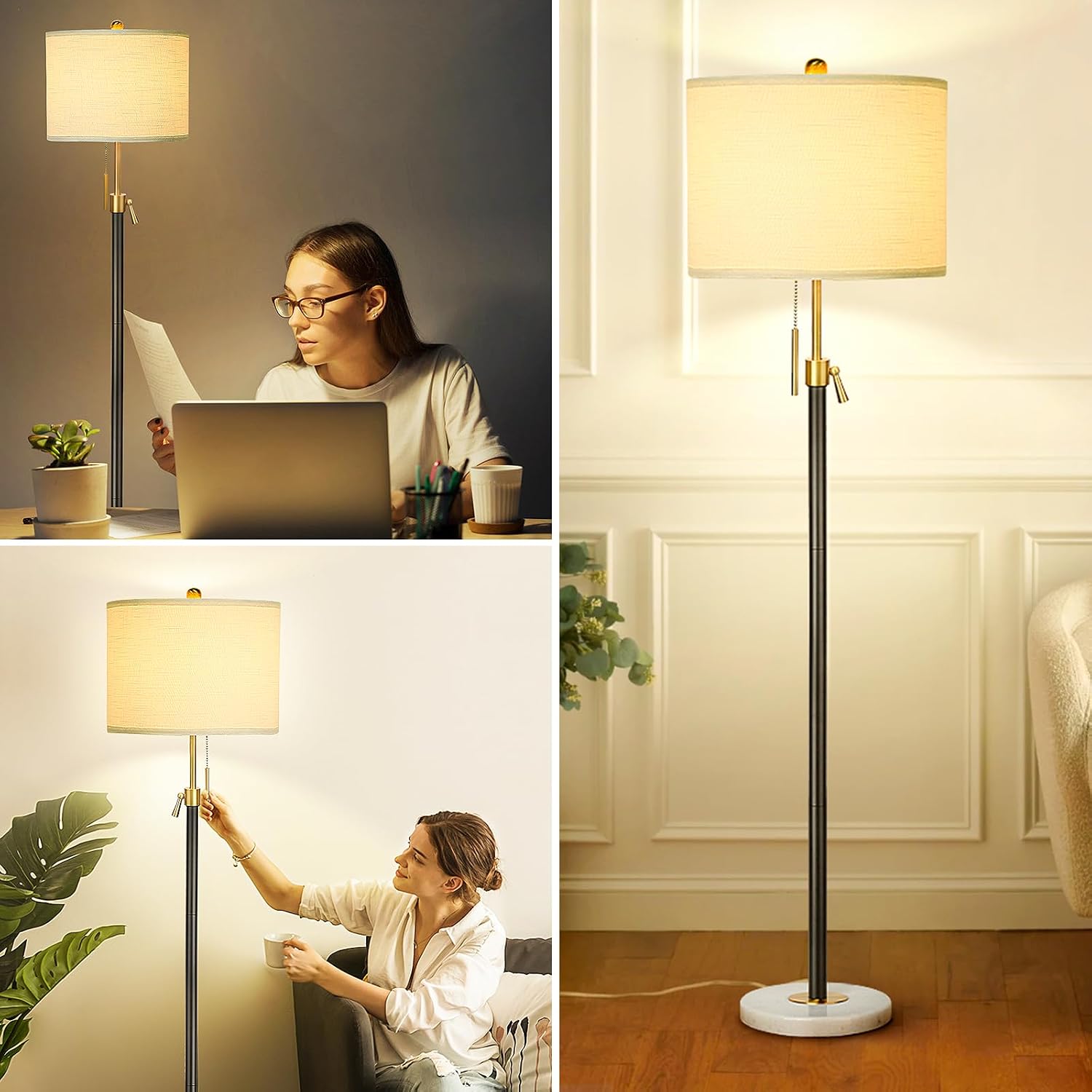 Qingmiao Floor Lamp for Living Room Adjustable Tall Standing Lamp, 3-Way Dimmable Floor Lamp for Bedroom Office, Black Gold Lamp with…