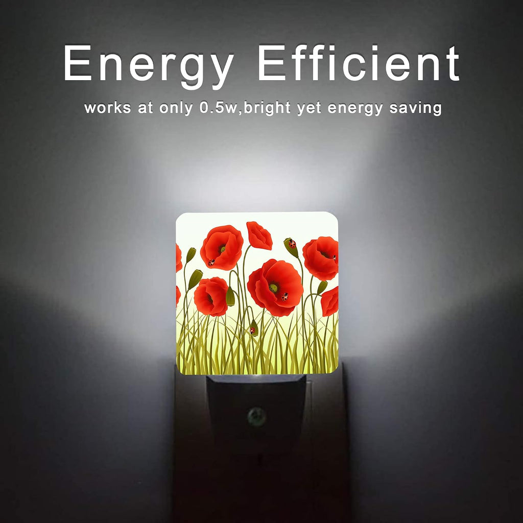 Red Flowers Night Light, Red Poppy Flowers and Ladybugs Plug-in Night Lights with Dusk-to-Dawn Sensor for Stairway/Hallway/Bedroom Sleep…