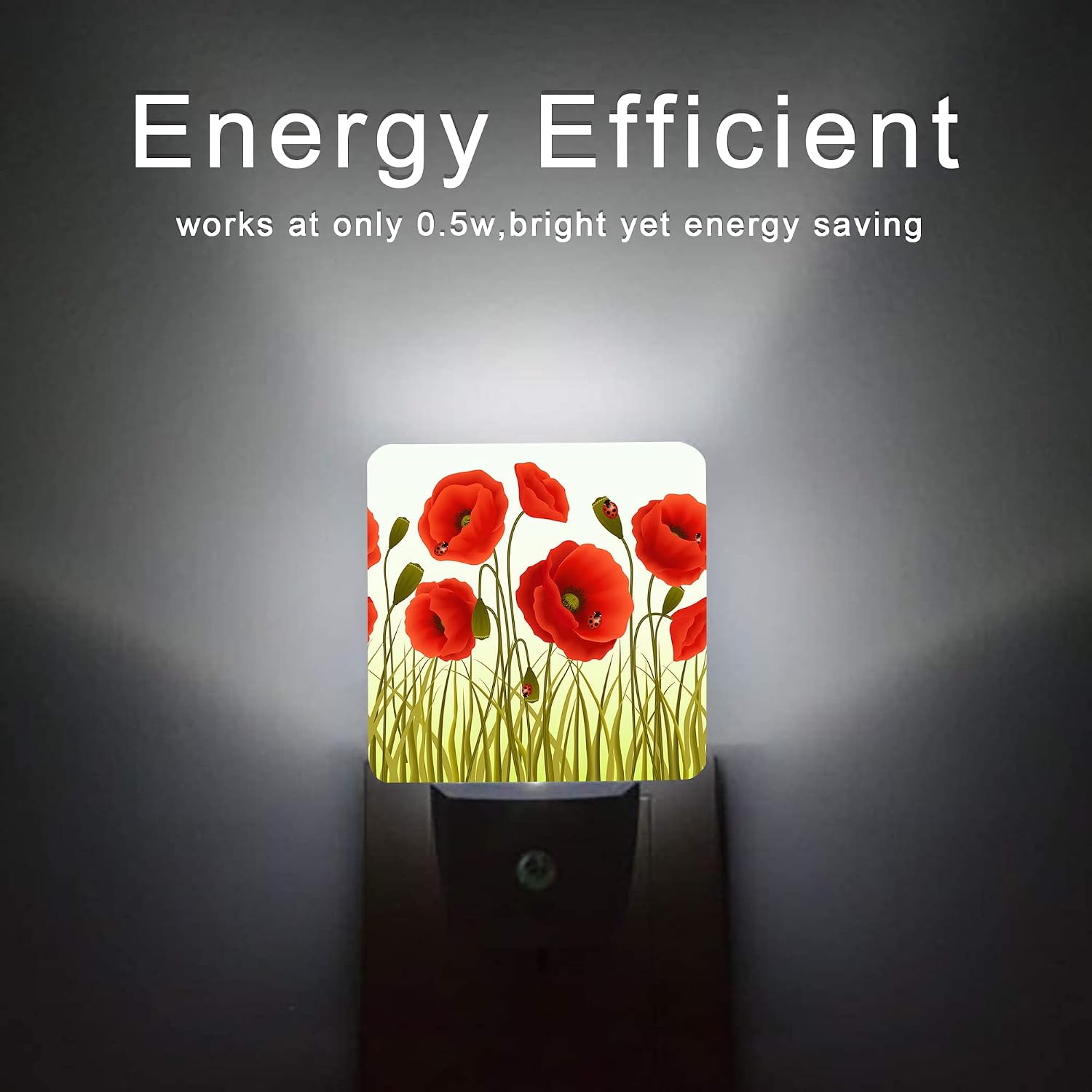 Red Flowers Night Light, Red Poppy Flowers and Ladybugs Plug-in Night Lights with Dusk-to-Dawn Sensor for Stairway/Hallway/Bedroom Sleep…