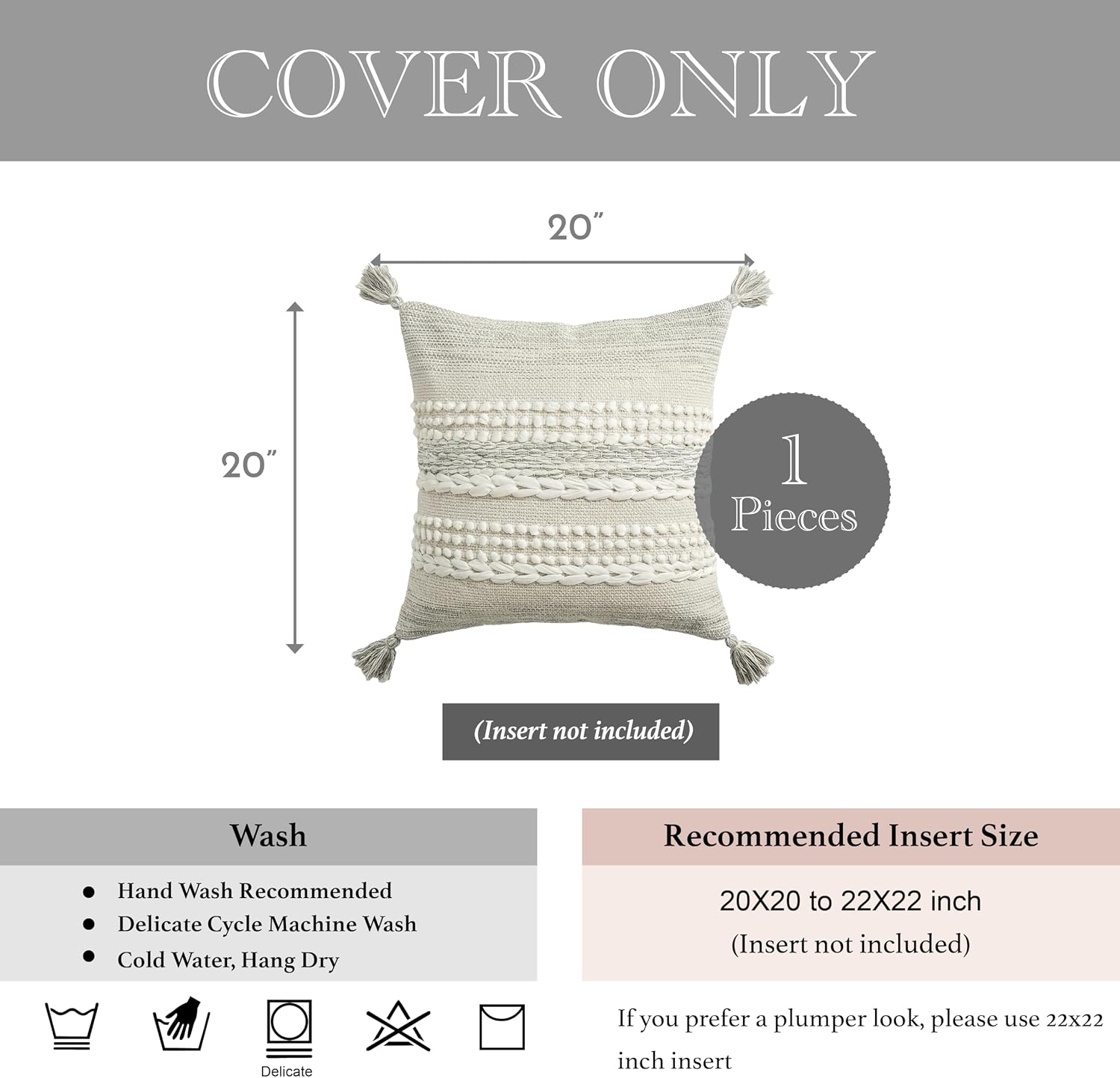 BlissBlush Gray Decorative Throw Pillow Cover 20X20, Boho Accent Pillow for Couch, Square Modern Farmhouse Pillowcase for Living Room…