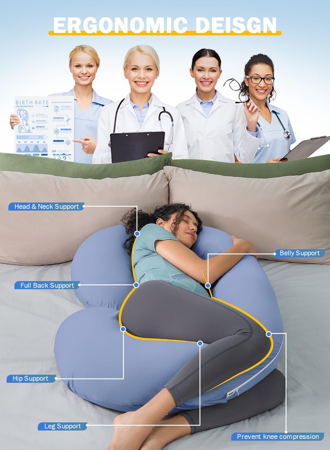 INSEN Cooling Pregnancy Pillow, Maternity Pillow for Pregnant Women, Bright Blue