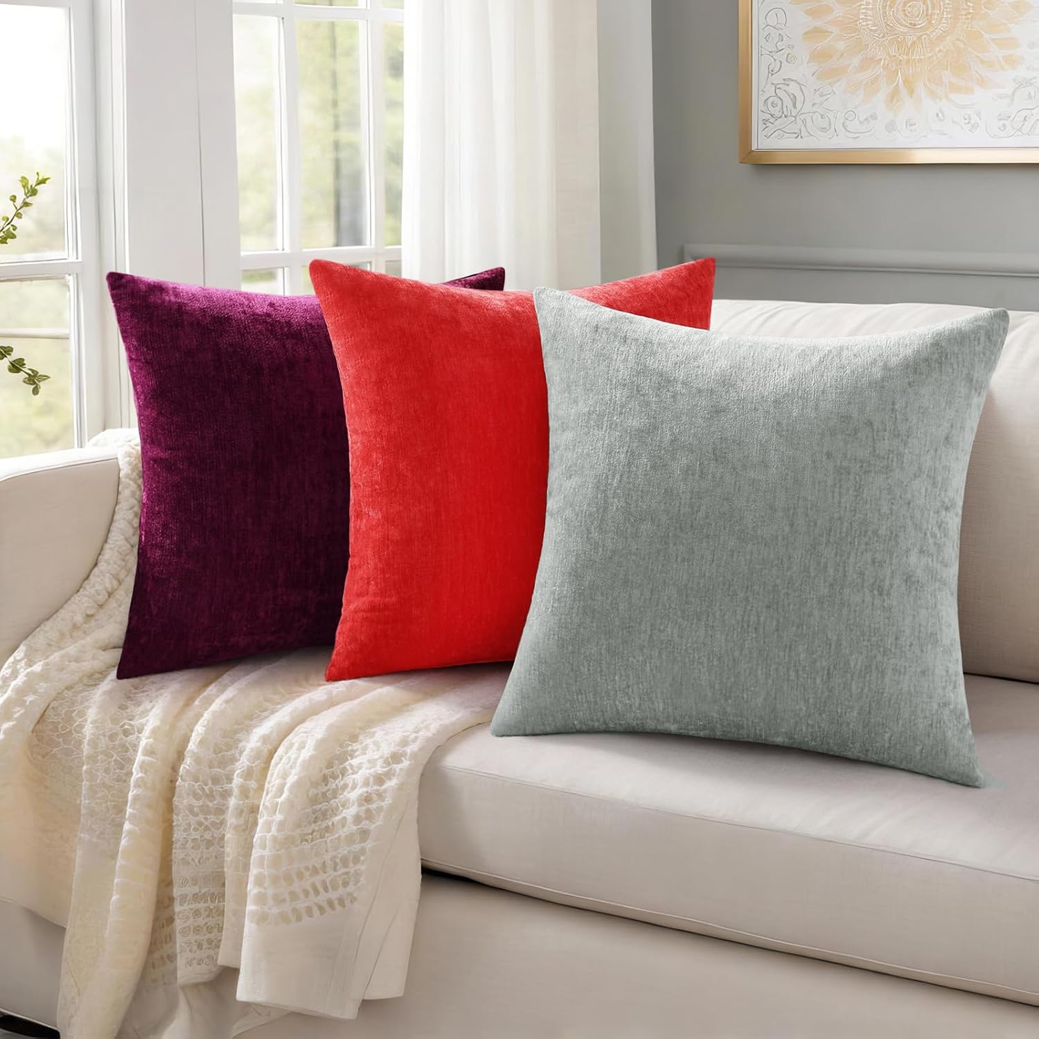 decorUhome Chenille Grey Throw Pillow Covers 18x18 Inch Set of 2, Decorative Soft Couch Pillow Covers Solid Dyed Accent Farmhouse Neutral S…