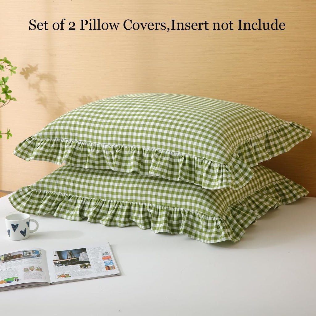Silnuo Green/White Plaid Ruffled Queen Size Pillow Shams Set of 2, Washed Cotton Shabby Checkered Gingham Farmhouse Bed Pillow Covers 20"x30…