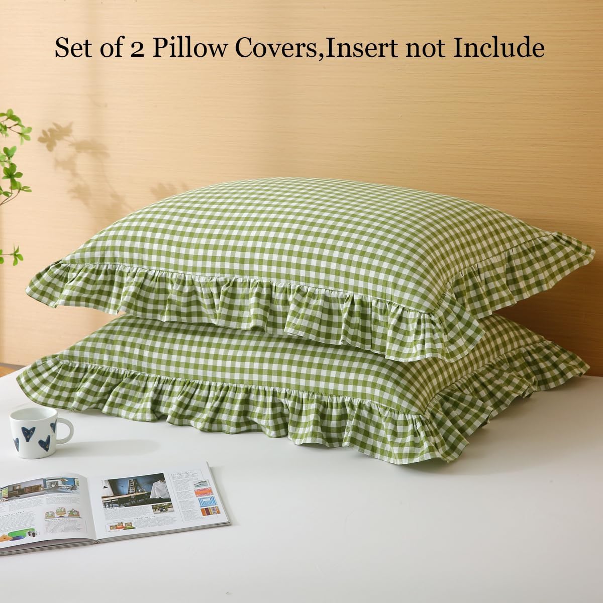 Silnuo Green/White Plaid Ruffled Queen Size Pillow Shams Set of 2, Washed Cotton Shabby Checkered Gingham Farmhouse Bed Pillow Covers 20"x30…