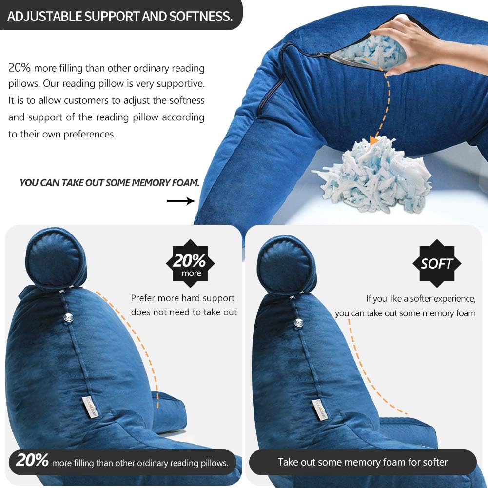 mittaGonG Reading Pillow, Shredded Memory Foam Backrest Pillow for Adult, Detachable Neck Roll, Arm Support with Side Pocket, Washable Crys…