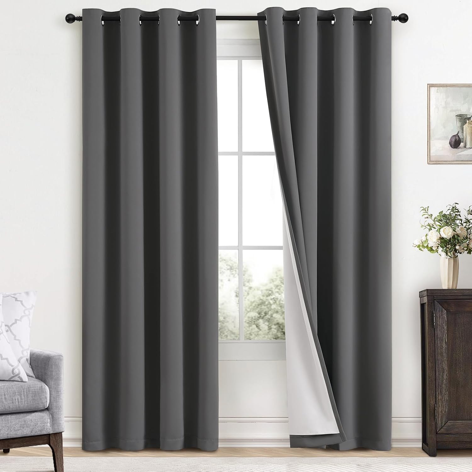 Yakamok Room Darkening 100% Blackout Curtains Grommet Window Treatments with 2 Thick Layers-Charcoal Grey Thermal Insulated Drapes Set of 2…