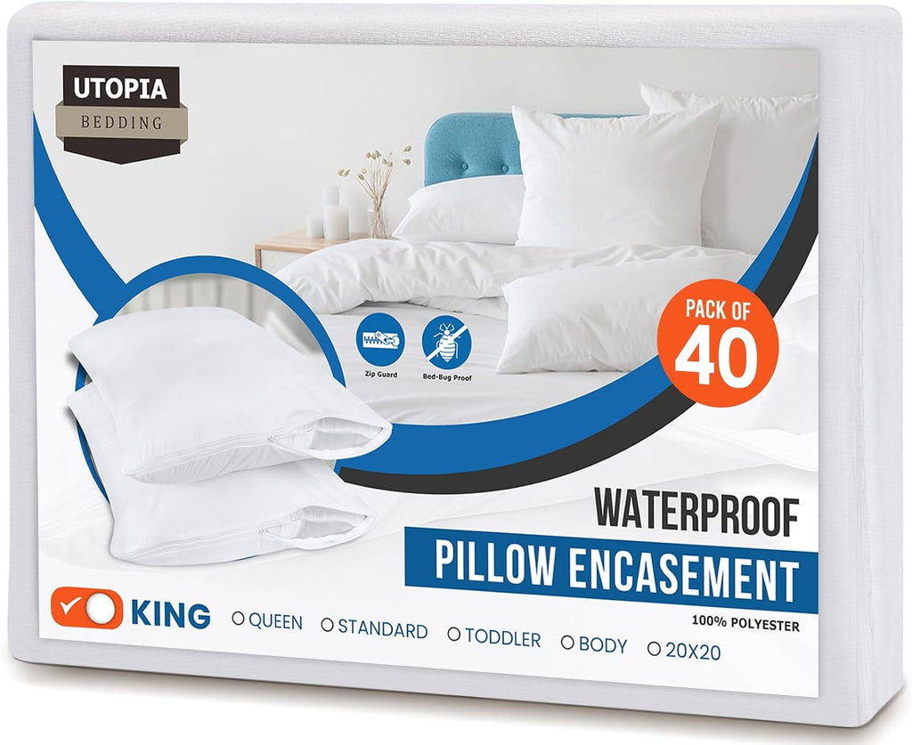 Utopiabedding Utopia Bedding 100% Waterproof Pillow Protectors with Zipper King Size (Set of 40), Bed Bug and Dust Mite Proof Zippered Pill…
