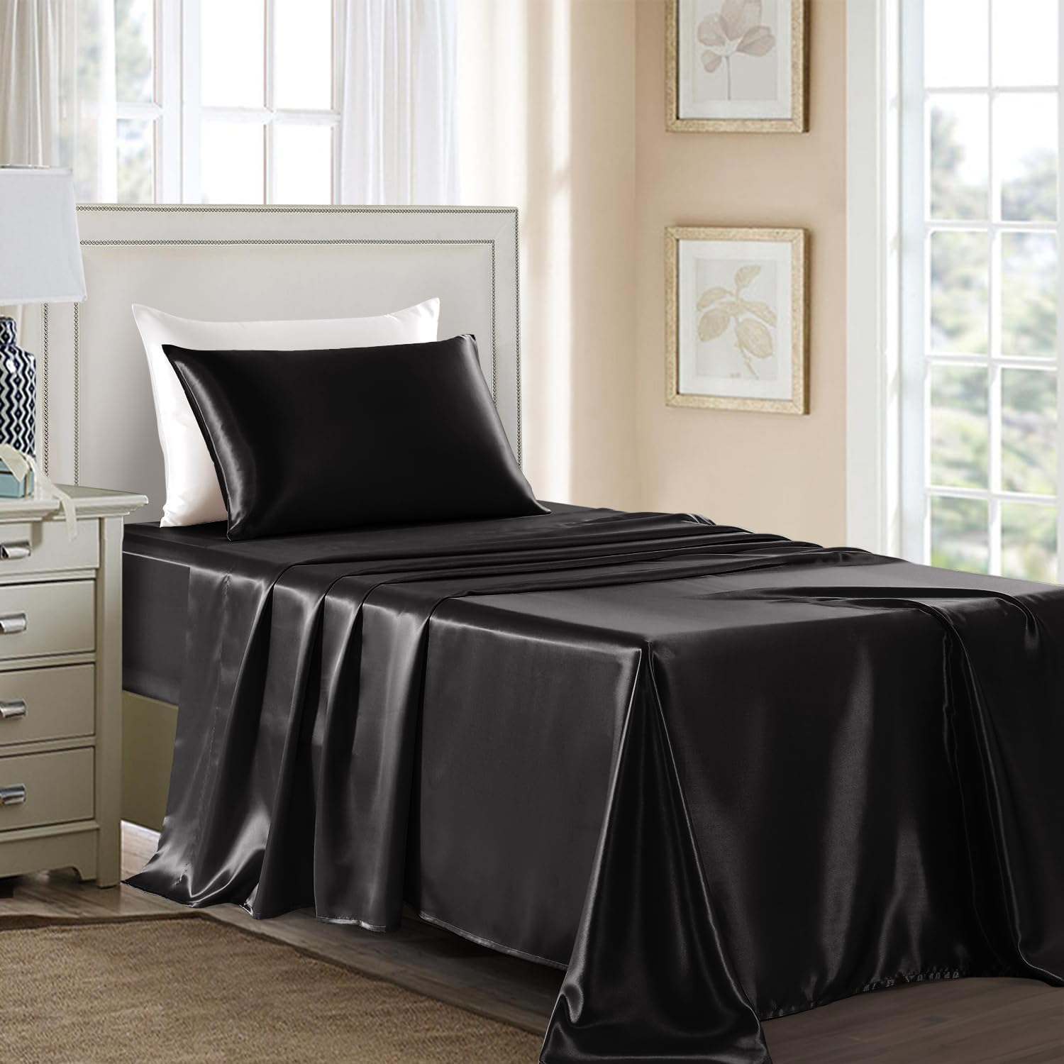 Golal Satin Sheets Twin XL Size - 3 Pieces Luxury Silky Soft Bed Sheets, Wrinkle-Free Black Satin Silk Sheet Set with 1 Deep Pocket Fitted…