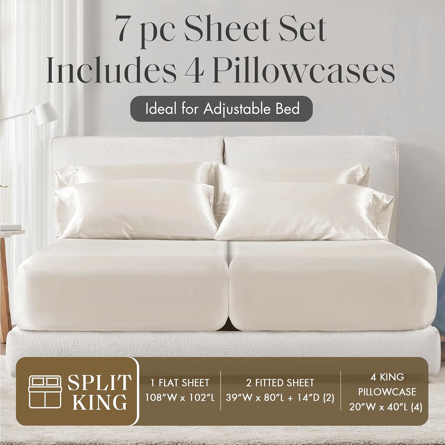 Madisonpark Madison Park Satin Sheets Split King Size, Luxurious Silky Bed Sheets, Elastic 14" Pocket fits up to 16" Mattress, Wrinkle-Free…