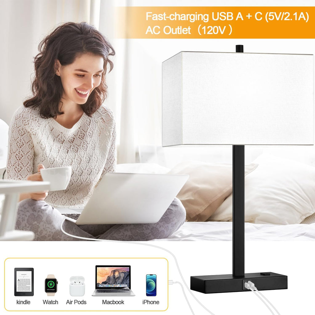 Lynnoland 21" Set of 2 Table lamp with USB A+C & AC Outlets, Touch Control 3-Way Dimmable Nightstand Lamps for Bedroom Living Room Office…