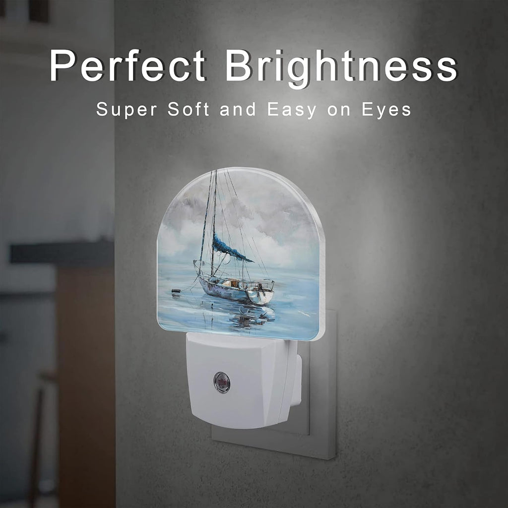 Blue Sailboat in Harbor Night Light Plug into Wall, Boat Ocean Oil Painting Dusk to Dawn Night Light Plug in,0.5w Energy Saving Sleep…