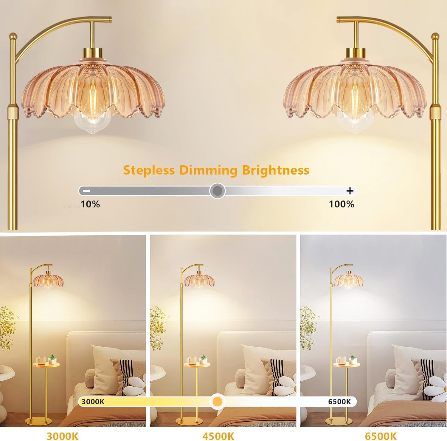 QIYIZM Gold Floor Lamp with Table and Shelves for Living Room Bedroom, Glass Standing Lamp with Remote Dimmable, Boho Brass Tall Lamp…