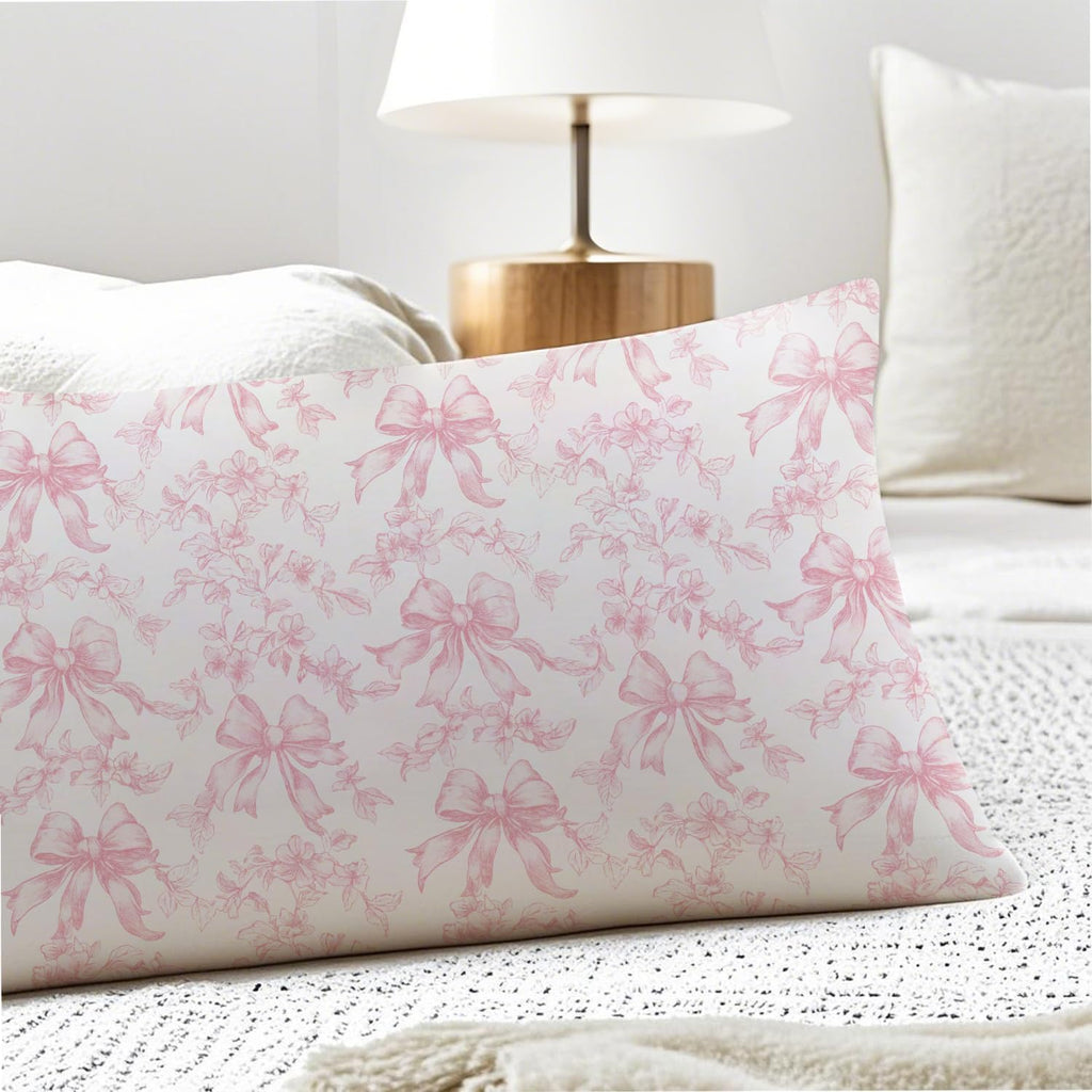 Coquette Pink Bow Grandmillennial Floral 20x54 Body Pillow Cover, Chinoiserie Decor, Girly Room Decor, Vintage Pink and White Flower…