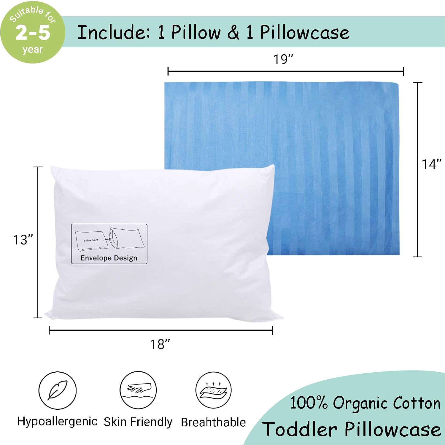 ZPECC-ABrandThatHasBeenFocusedOnBeddingFor20Years ZPECC Toddler Pillow with Pillowcase - 13x18 Organic Cotton Hypoallergenic Kids Pillow, B…