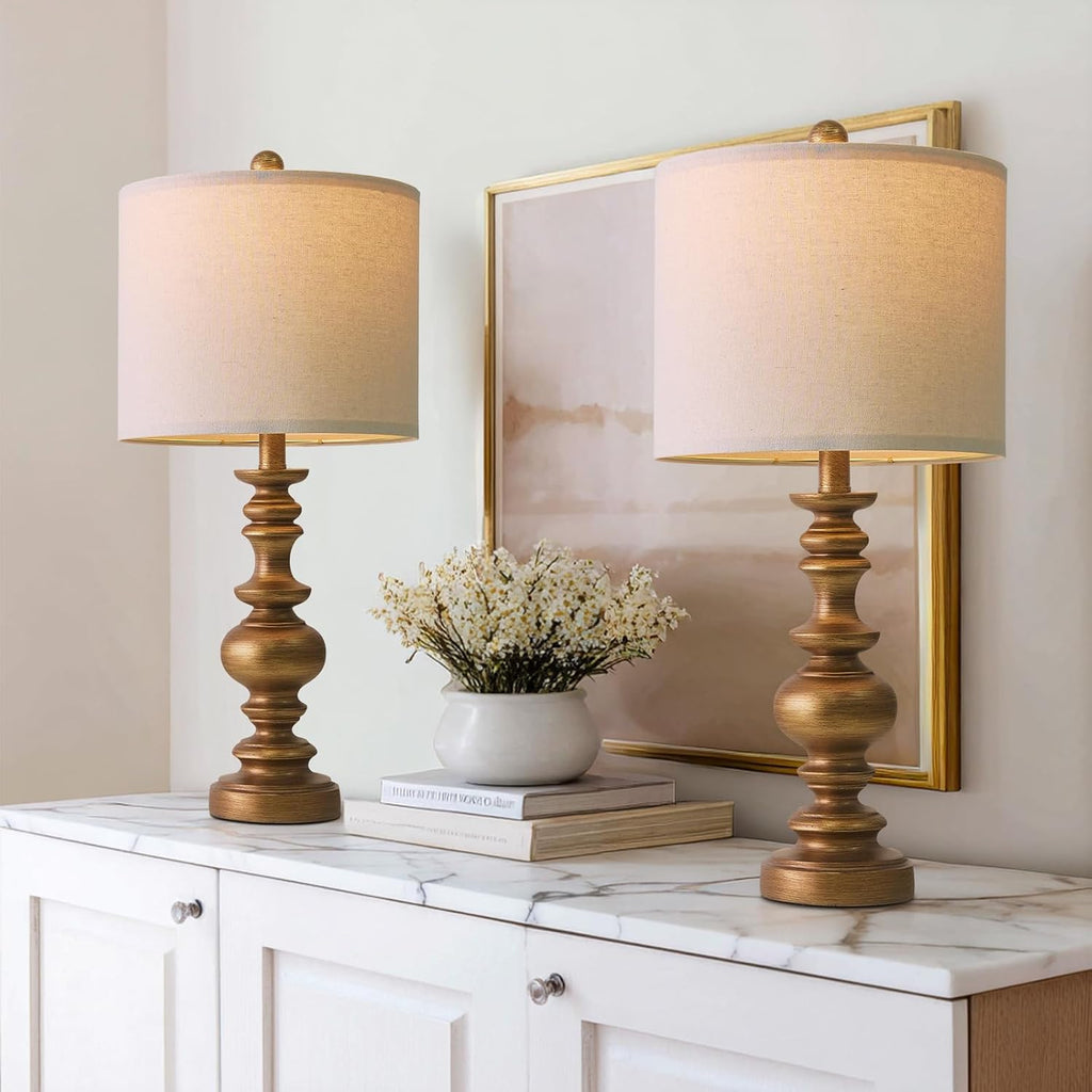 BOBOMOMO 24" Traditional Lamps Set of 2 – Antique Gold Bedside Lamps with Linen Shades, Elegant Medium Farmhouse Lamps for Living Room…