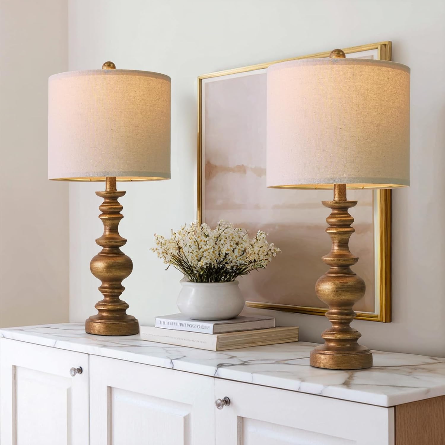BOBOMOMO 24" Traditional Lamps Set of 2 – Antique Gold Bedside Lamps with Linen Shades, Elegant Medium Farmhouse Lamps for Living Room…