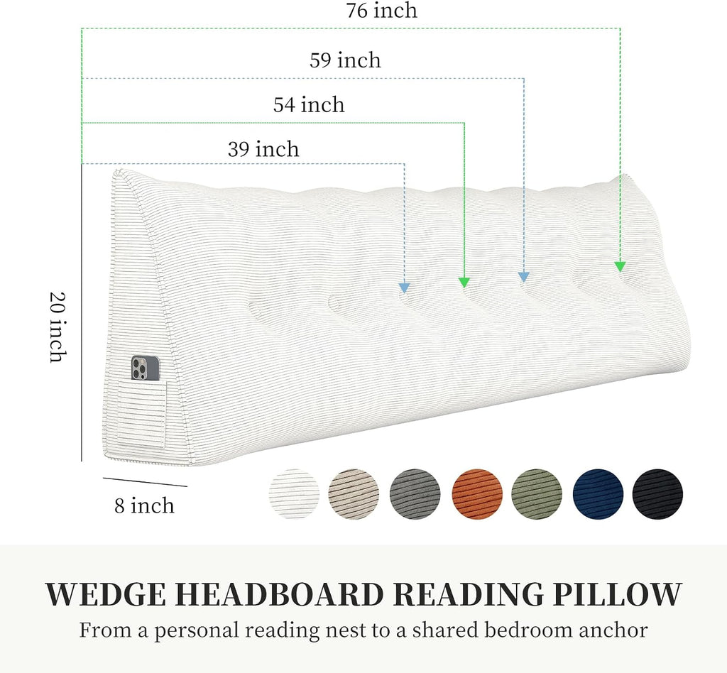 Headboard Twin Wedge Pillow White Corduroy Reading Pillows Triangle Bolster Pillow for Sitting in Dorm Bed Adults Backrest Support, Body…
