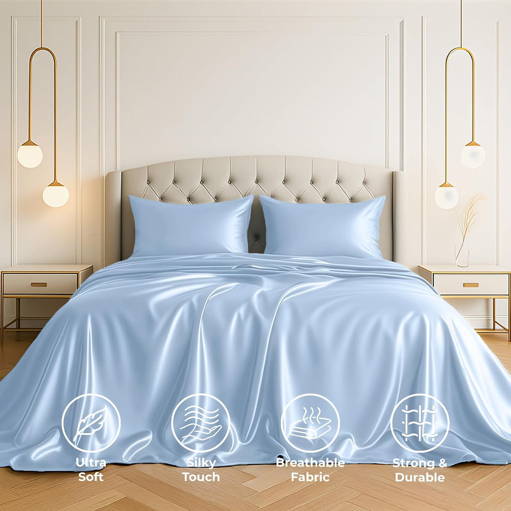 PureBedding Satin Sheets King [4-Piece, Baby Blue] Hotel Luxury Silky Bed Sheets - Extra Soft 1800 Microfiber Sheet Set, Wrinkle, Fade, Sta…