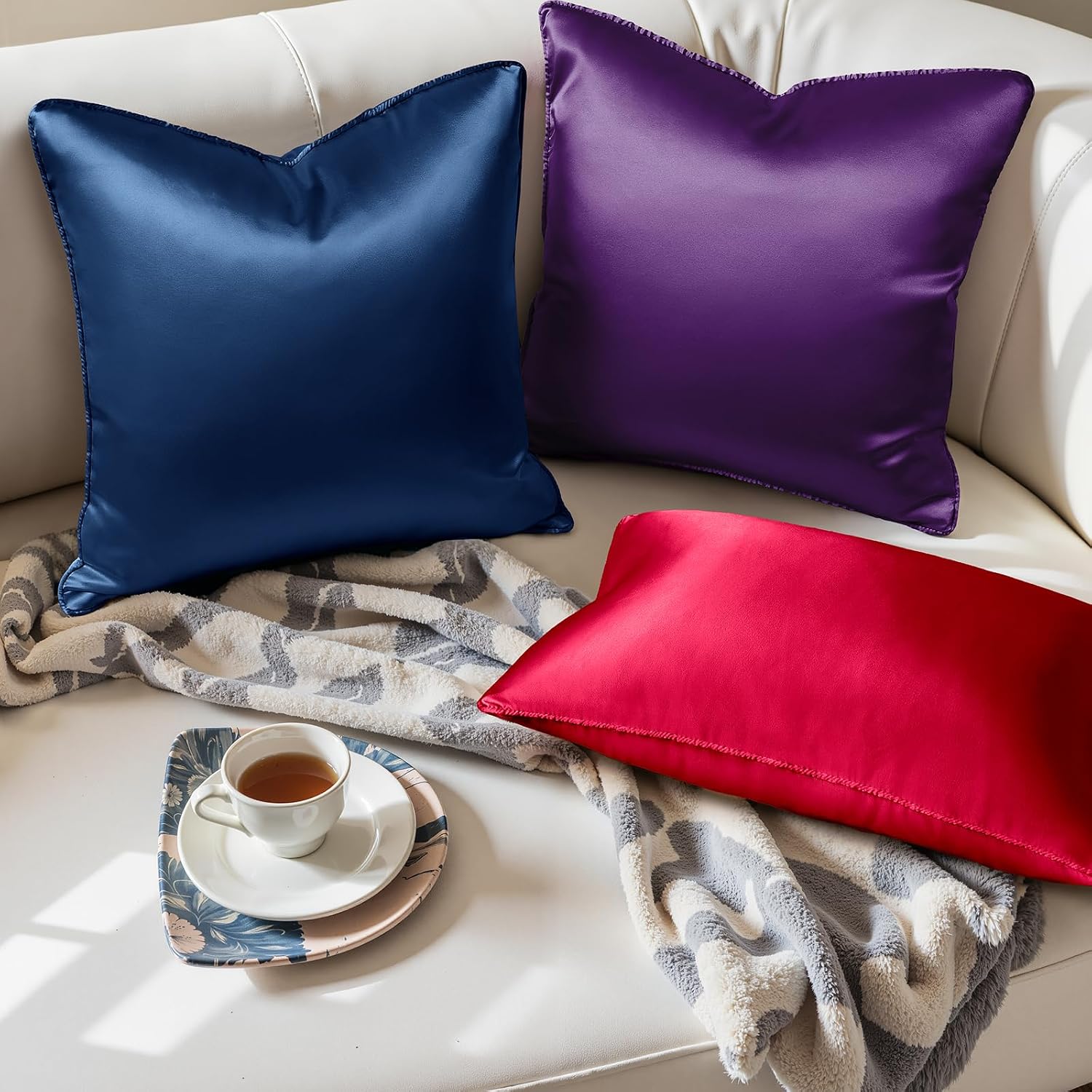 Homeideas Purple Decorative Throw Pillow Covers 20x12 Set of 2, Glossy Faux Silk Lumbar Pillow Covers for Couch Sofa Bed Decor Luxury Summe…