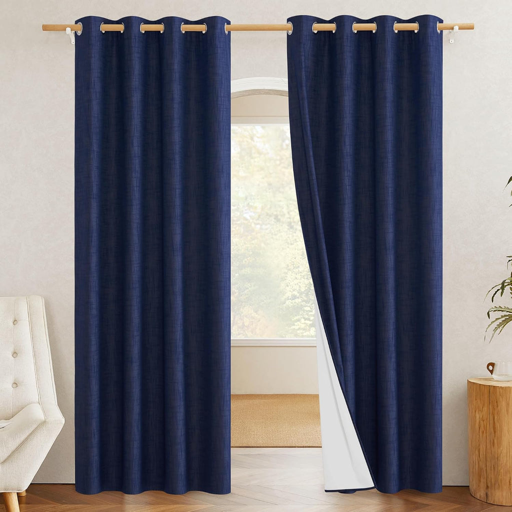 NICETOWN 100% Absolutely Blackout Linen Curtains with Thermal Insulated White Liner, Dark Blue, W52, 2 Pieces, Noise Reducing Textured…