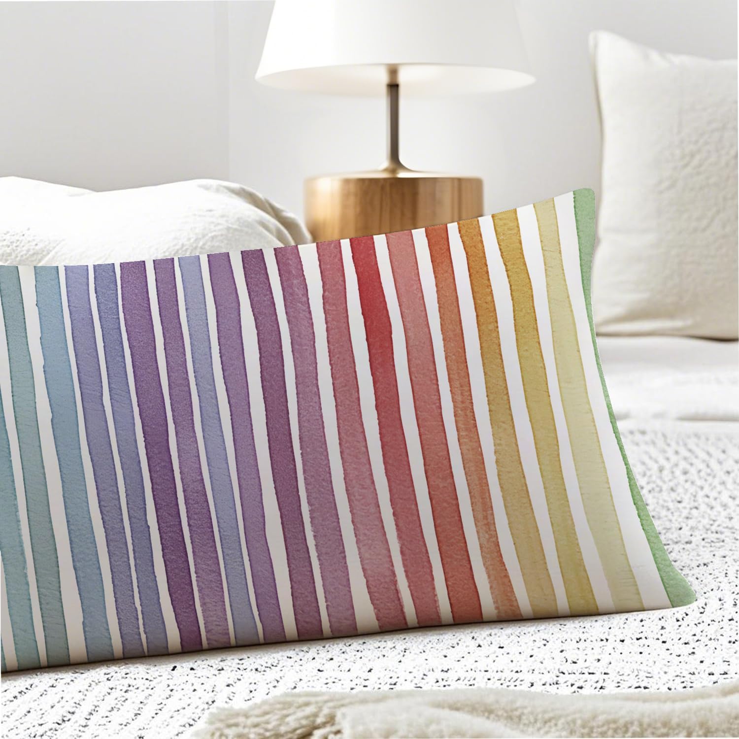 Boho Colorful Striped 20x54 Body Pillow Cover, Minimalist Boho Watercolor Rainbow Striped Decorative Long Body Pillow Cases for Kids Room…