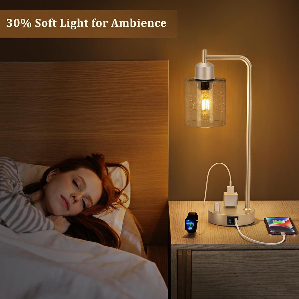 Innqoo Champagne Gold Industrial Bedside Table Lamp for Bedroom - Nightstand Lamps with USB C Charging Port, Fully Dimmable Black Ports…