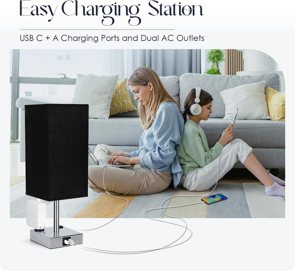 Set of 2 Bedside Table Lamp 3 Way Dimmable Nightstand Lamp with USB C & USB A Charging Port, 2 AC Outlets, 3000K LED Bulbs (Black)