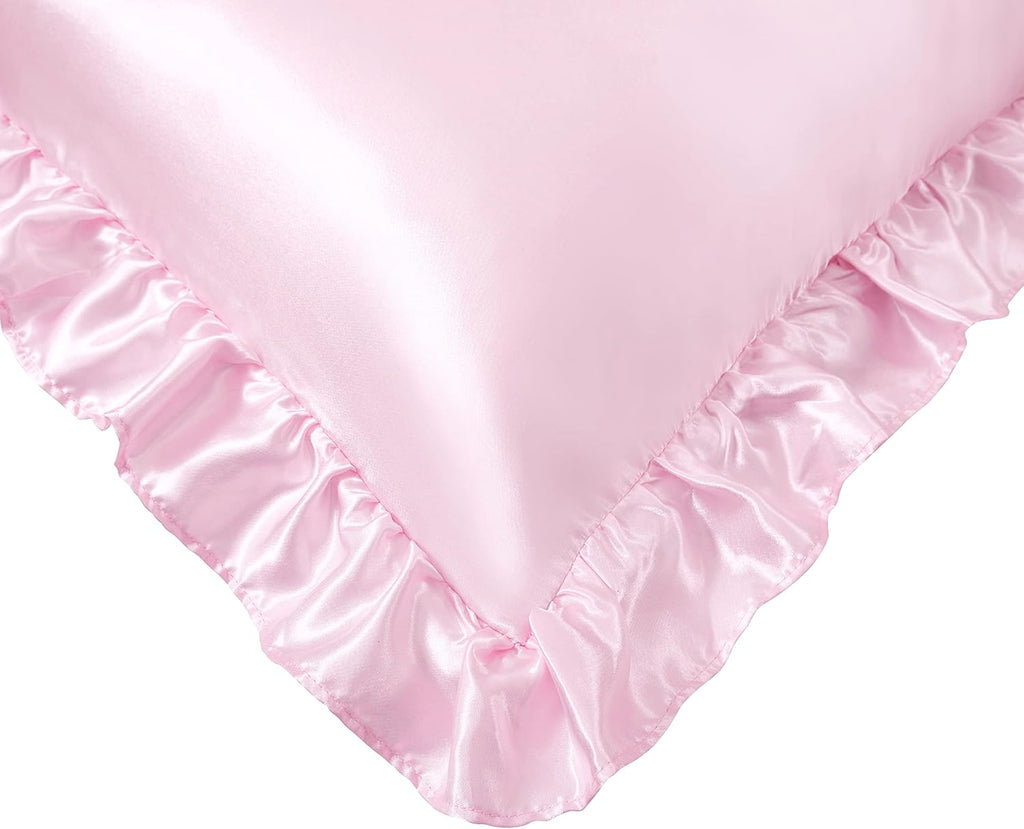HommxJF Silky Satin Ruffled Pillow Cases for Hair and Skin, Pink Silk Pillowcases Standard Set of 2 with Envelope Closure Princess Room Deco…