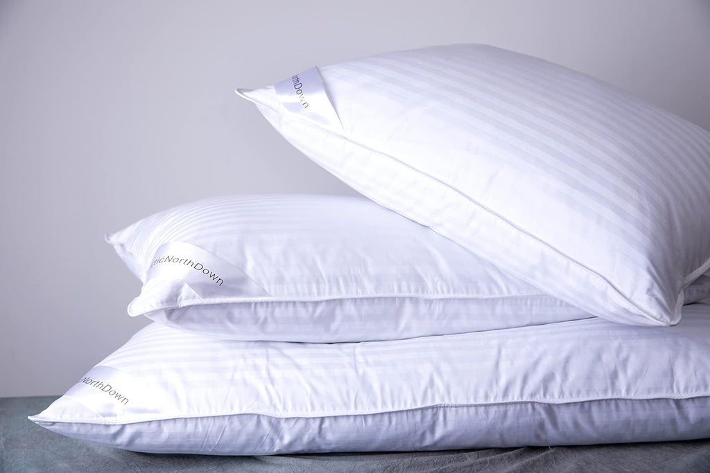 Standard Goose Down Feather Hotel Collection Bed Pillows for Sleeping One Pillow for Back, Stomach or Side Sleepers Stripe White Color