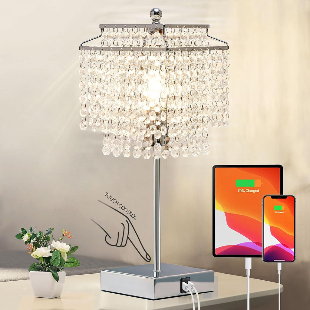 Touch Crystal Table Lamp Silver, Bedside Lamp with USB C+A Ports, Dimmable Nightstand Lamp with Crystal Shade, Bedroom Lamp for Girls…
