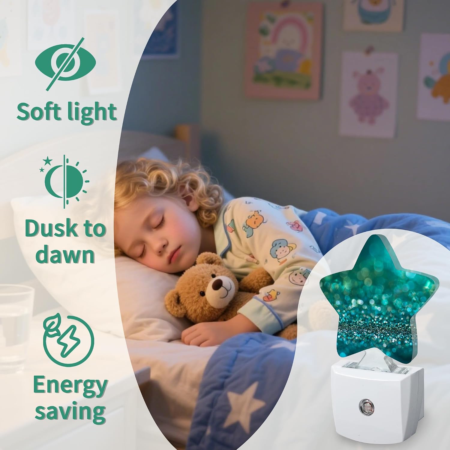 Star Night Light with Dusk to Dawn Sensor, Green Glittering Plug in Night Light for Kids Bedroom Nursery, Soft Warm Glow Lamp for Hallway…