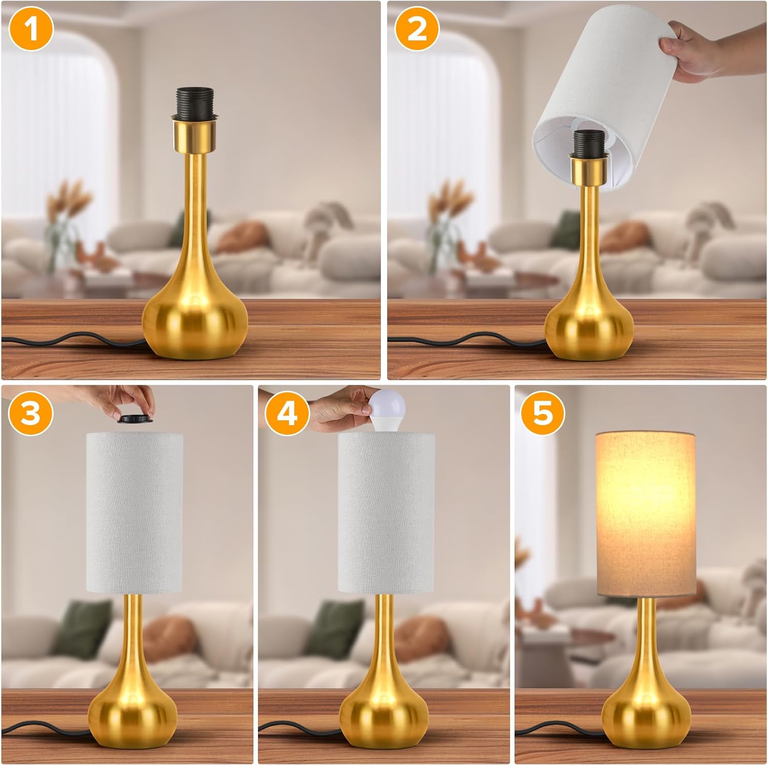 Ledikon Touch Gold Table Lamp for Nightstand, 3-Way Dimmable, Space Saving & No Assembly Required, Upgraded Small Bedside Lamp for Bedroom,…