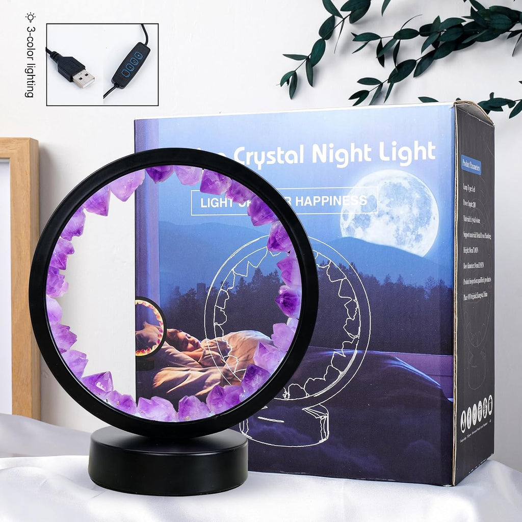 Runyangshi Amethyst Tooth Night Lamp 8.6" Natural Healing Crystal Bedside Lamp USB Port 3 Colours Dimming Mode Bedroom Lamp Suitable…