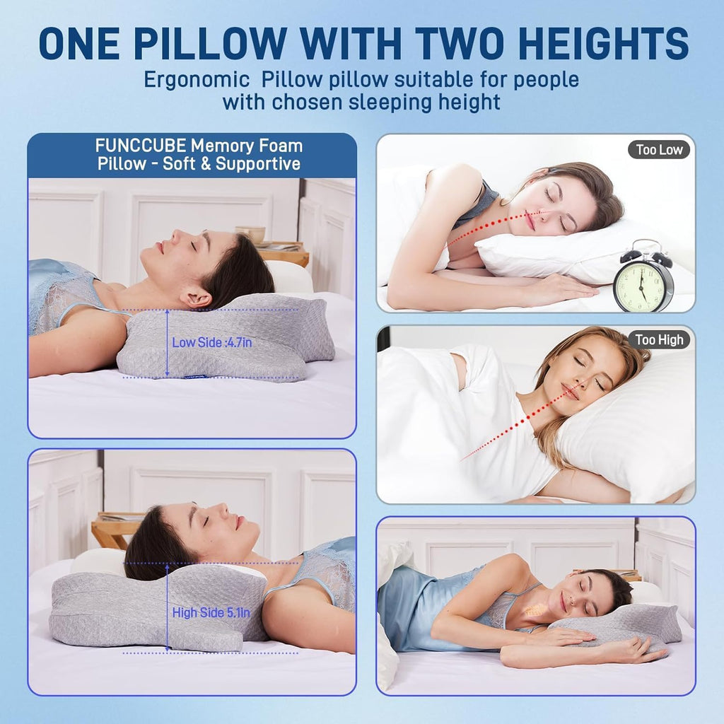 Funccube Cervical Neck Pillow - Memory Foam Pillow for Sleeping, Ergonomic Neck Support Contour Pillows for Side Back Stomach Sleepers, Orth…
