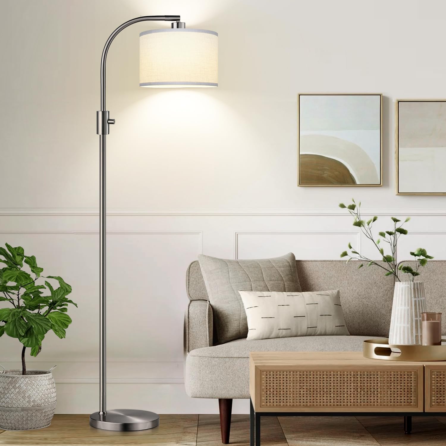 Nintiue Upgraded Modern Arc Dimmable Tall Standing Floor Lamp with Linen Shade, 1200 Lumens LED Bulb Included, for Living & Reading Room…