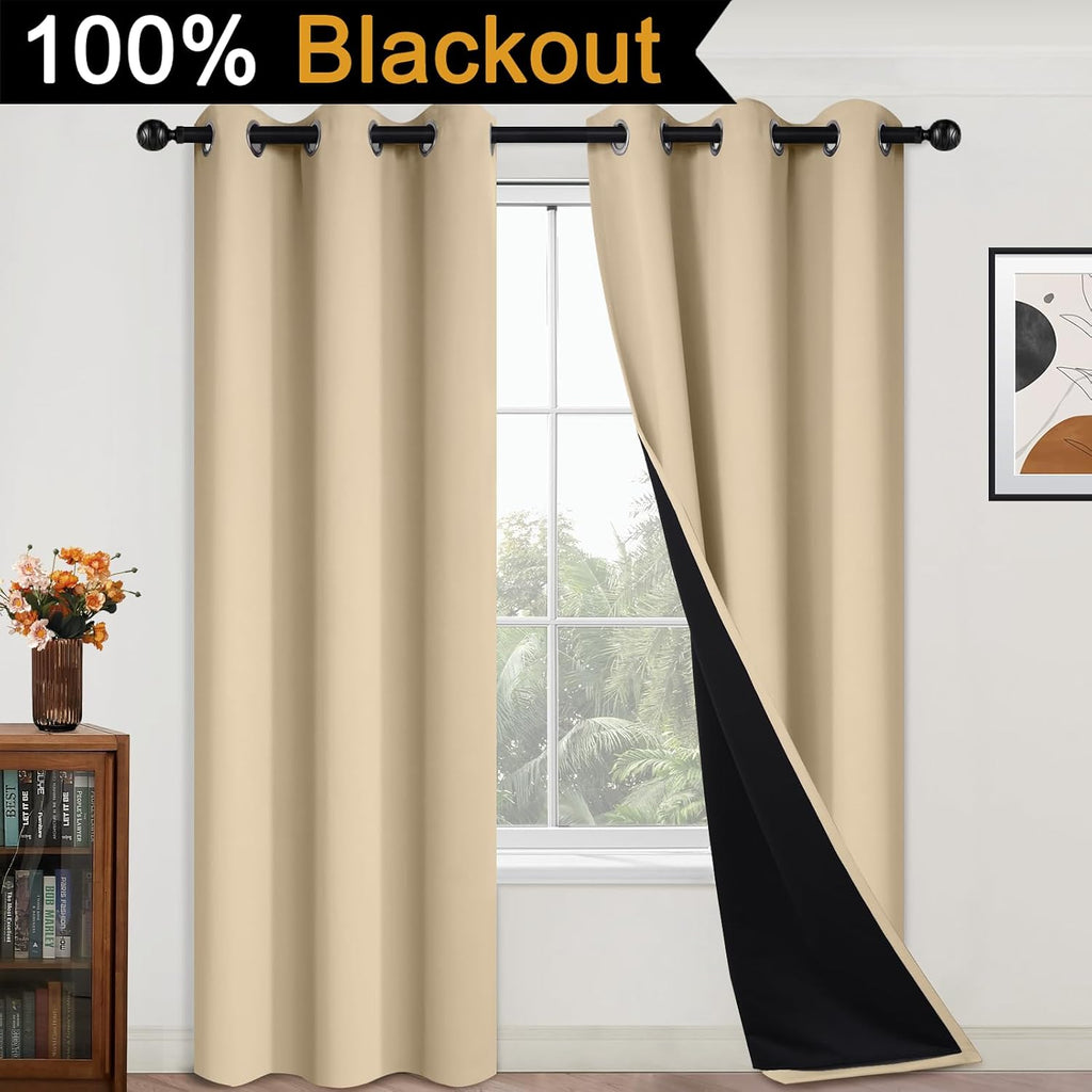 Yakamok Beige 100% Blackout Curtains, Thermal Insulated Total Blackout Drapes for Bedroom, Heat Blocking Window Curtains for Living Room(42…