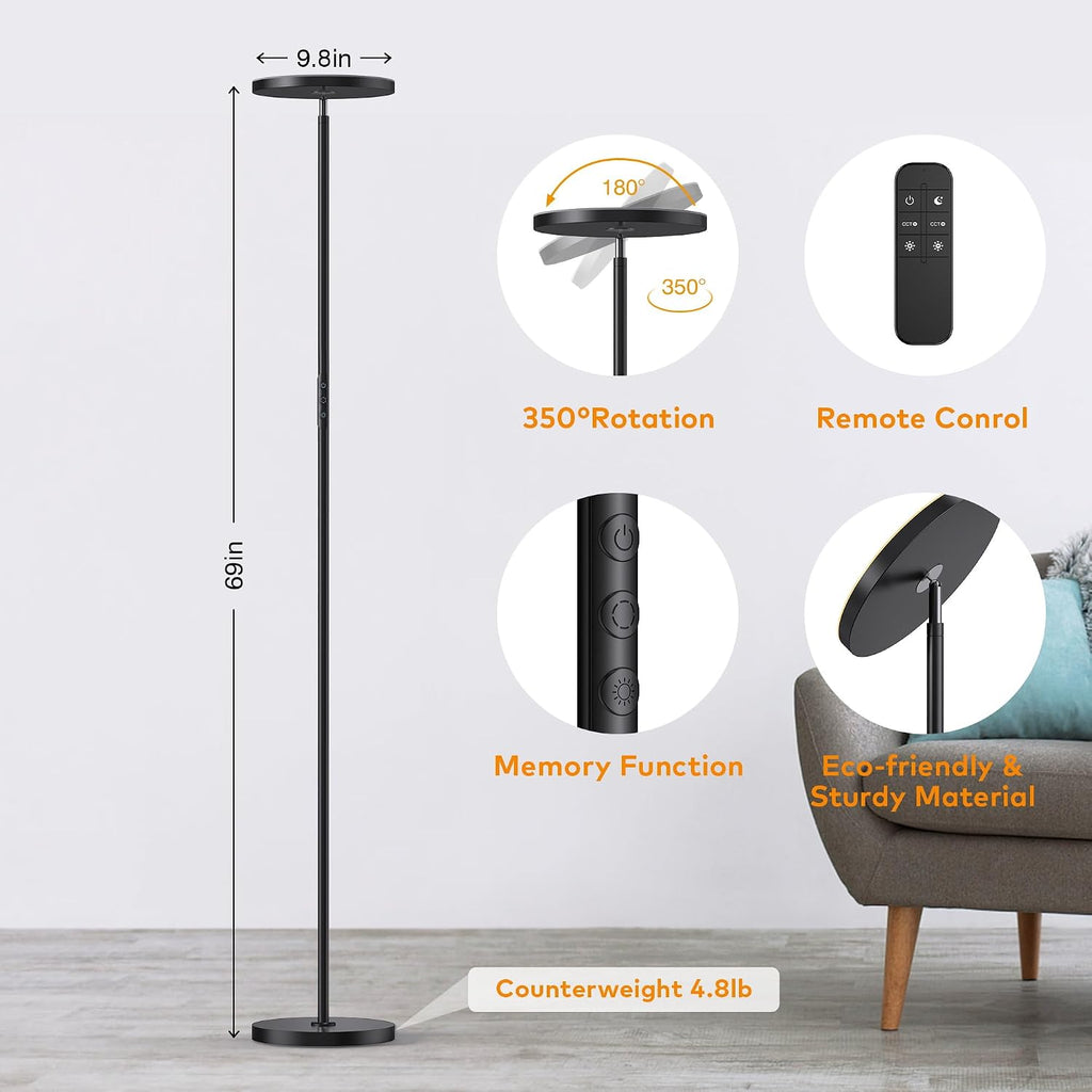 Bright Floor Lamp, 36W 3500LM Standing LED Lamp with Remote, Dimmable Torchiere Tall Lights 2700K Warm White to 6500K Cool White, Night…