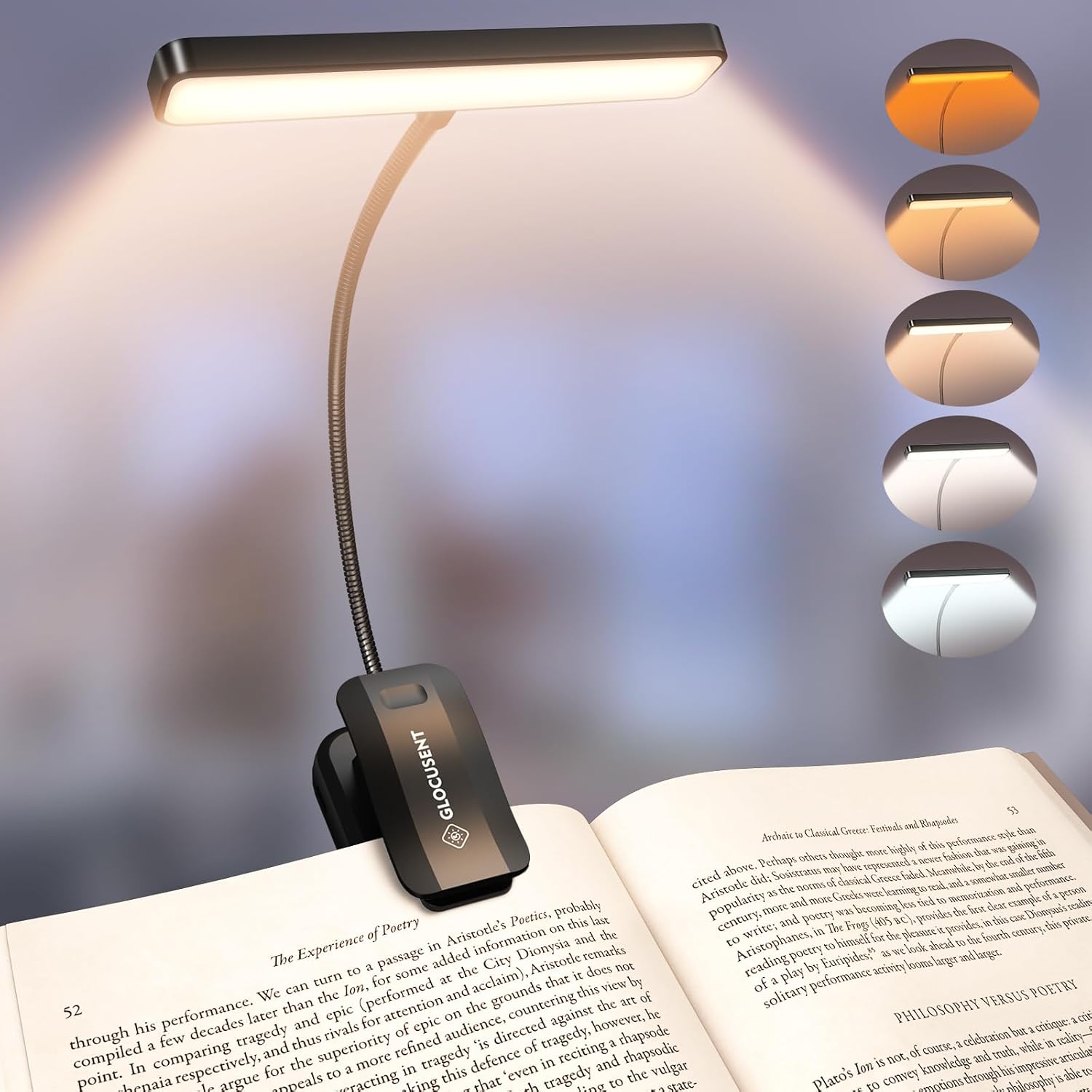 Glocusent 26 LED Rechargeable Book Light for Reading in Bed, Eye-Caring 5 Amber Colors and Stepless Dimming, Lasts 1 Week to a Months…