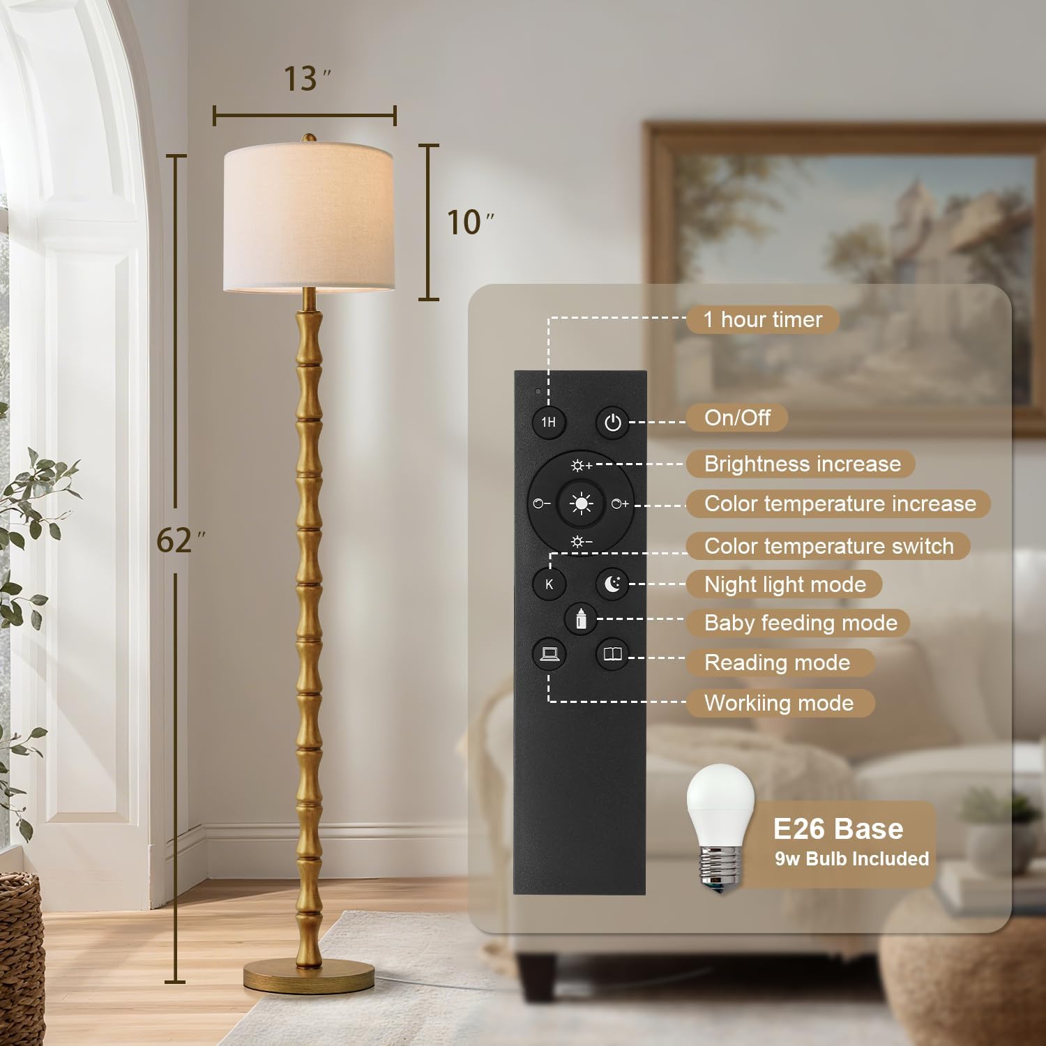 BOBOMOMO 62" Rustic Farmhouse Floor Lamp Antique Gold with Remote & Dimmable 9W Bulb, 3 Color Temperatures Resin Standing Lamp, Retro…