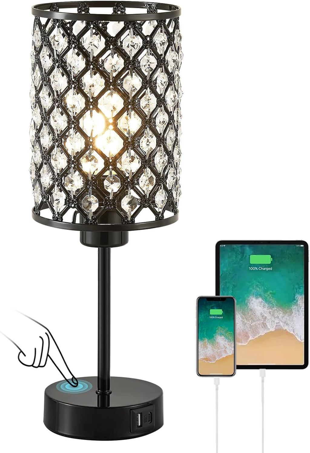 GyroVu Crystal Table Lamp, Black Lamp for Bedroom Nightstand with USB C+A Ports, Dimmable Touch Lamp with Crystal Shade, Bedside Lamp…