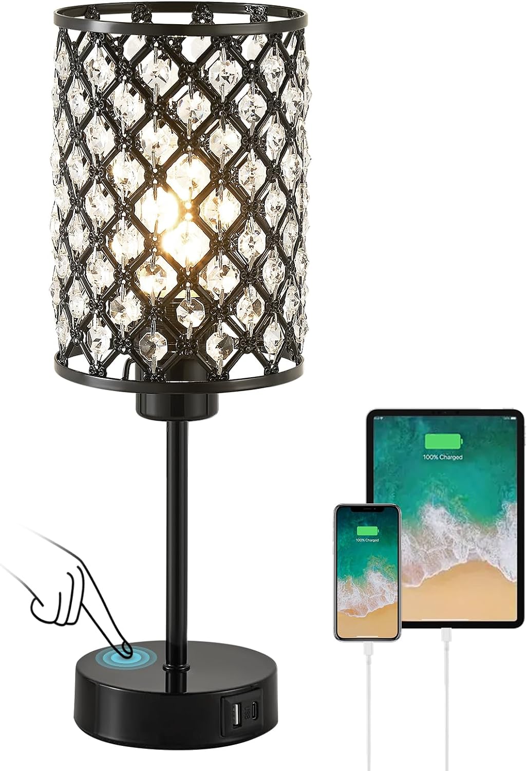 GyroVu Crystal Table Lamp, Black Lamp for Bedroom Nightstand with USB C+A Ports, Dimmable Touch Lamp with Crystal Shade, Bedside Lamp…