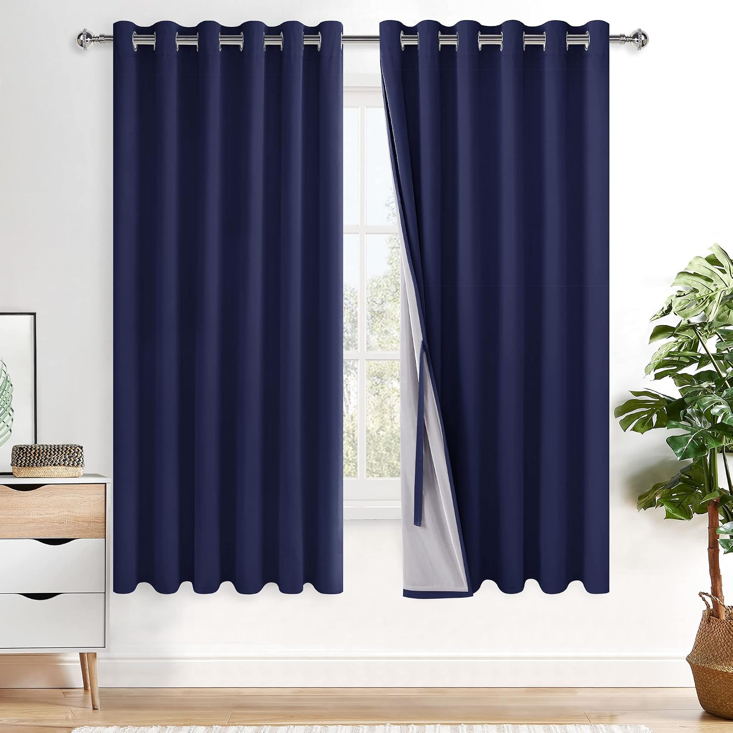 Xwzo 100% Blackout Curtains with Tiebacks- Extra Wide Full Shade Window Drapes Thermal Insulated Double Layer with Black Liner for Bedroom/…