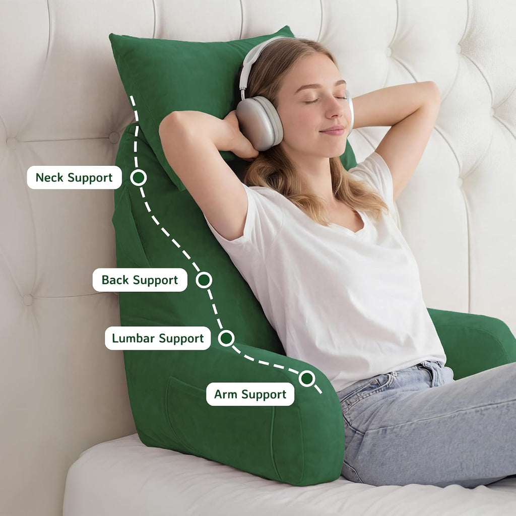 Unisakey Portable Reading Pillows with Headrest for Bed Sitting Up(Green Oeko-Tex), Velvet Back Pillow with Arms & Pockets for Adults…