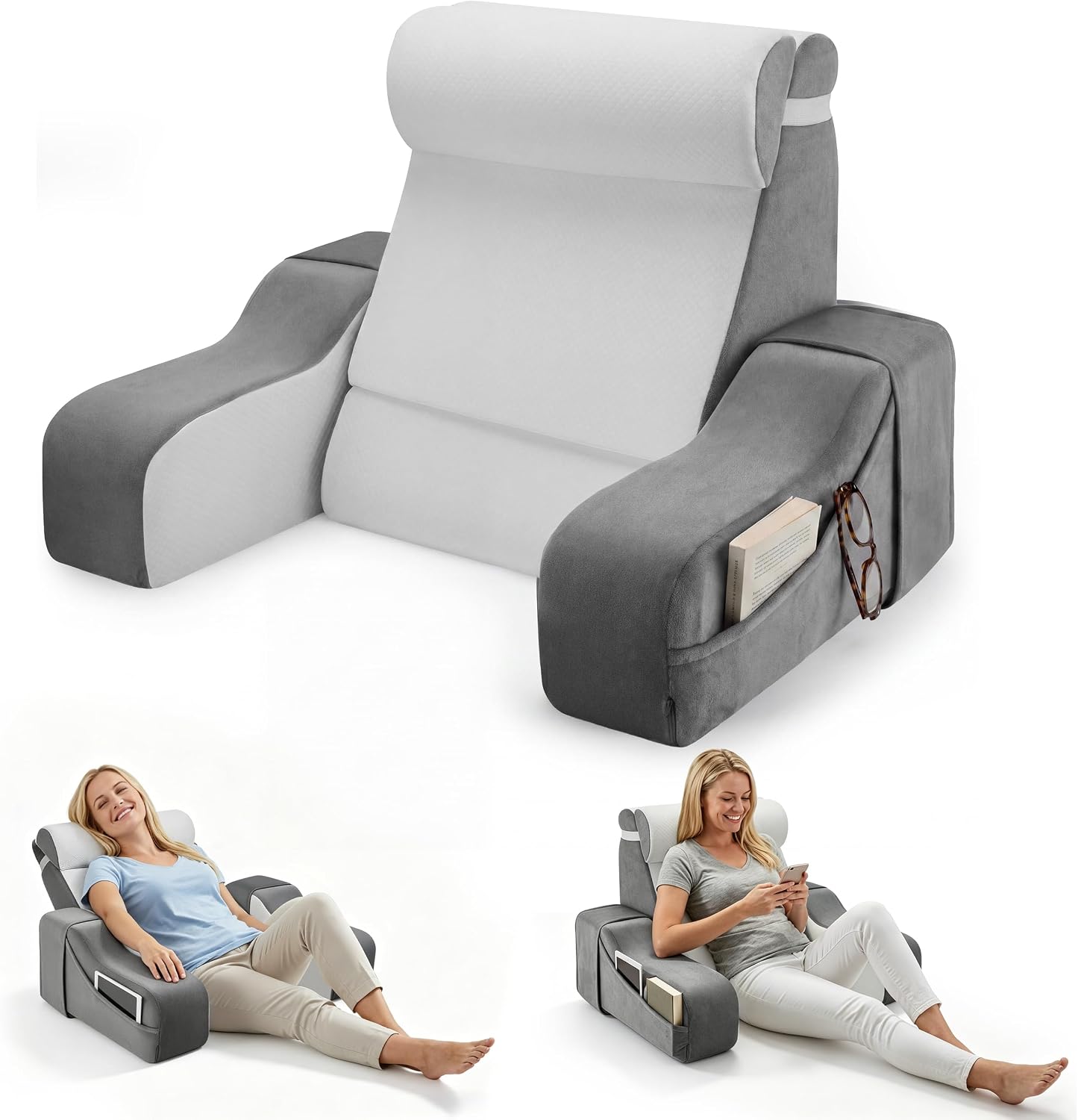2 in 1 Foldable Reading Pillow for Bed, Back Pillow for Sitting up with Arms, 19 in Support Pillow for Sitting Up Rest Adult, Ergonomic…