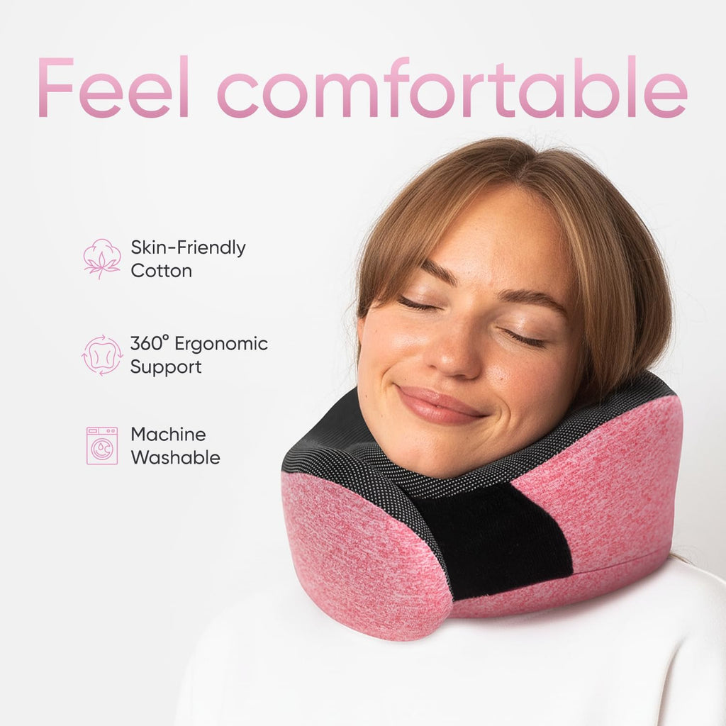 Proglobe Pink Airplane Travel Pillow Set, 100% Pure Memory Foam Neck Pillow, Updated Material, Long Flight Travel Kit with 3D Contoured…