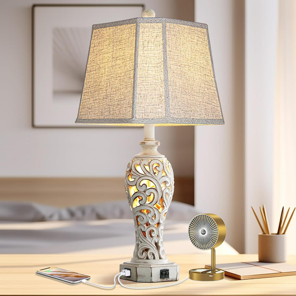 25'' Farmhouse Table Lamp for Living Room Bedroom, 2 USB Ports Vintage Rustic Nightstand Desk Lamp with Nightlight, White Hollow Out…