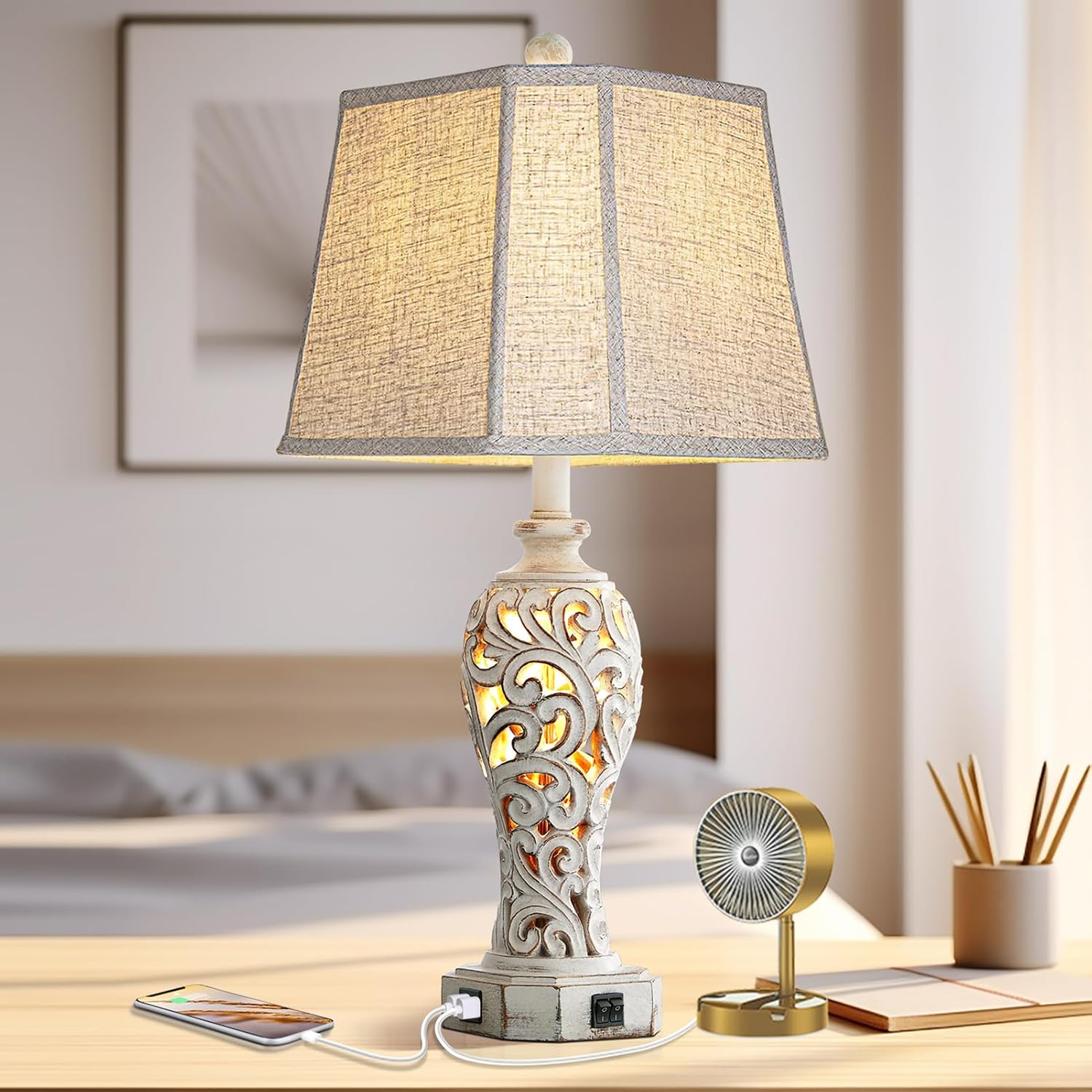 25'' Farmhouse Table Lamp for Living Room Bedroom, 2 USB Ports Vintage Rustic Nightstand Desk Lamp with Nightlight, White Hollow Out…
